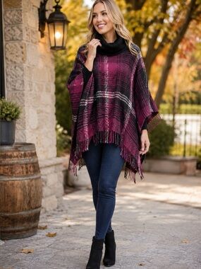 Max Edition Plaid Fringe Poncho L XL Plum Black Turtleneck NWT